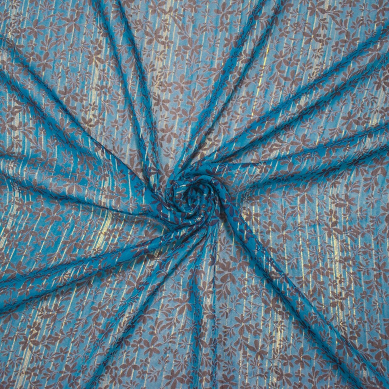 Blue-Gold-Multi Floral Printed Metallic Crinkle Yoryu Chiffon Woven Fabric By the Yard